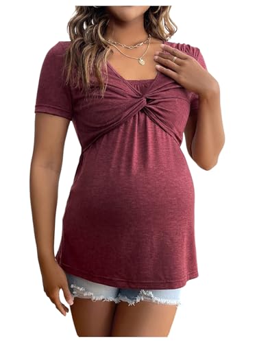 Image of Milumia Women's Maternity Twist Knot Short Sleeve T Shirt Casual Nursing Tops Burgundy X-Large