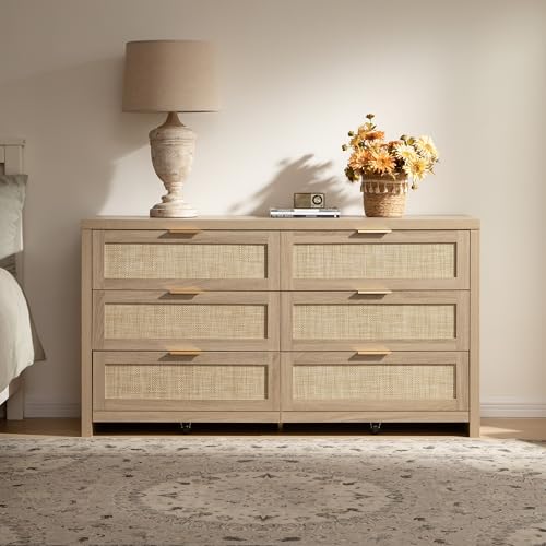 SICOTAS Rattan Dresser for Bedroom, 56.9" Wide 6 Drawer Dresser with Ample Storage, Dressers Large Chest of Drawers, Closet, Boho TV Stand for Bedroom (Reclaimed Light Oak, 1 Piece)