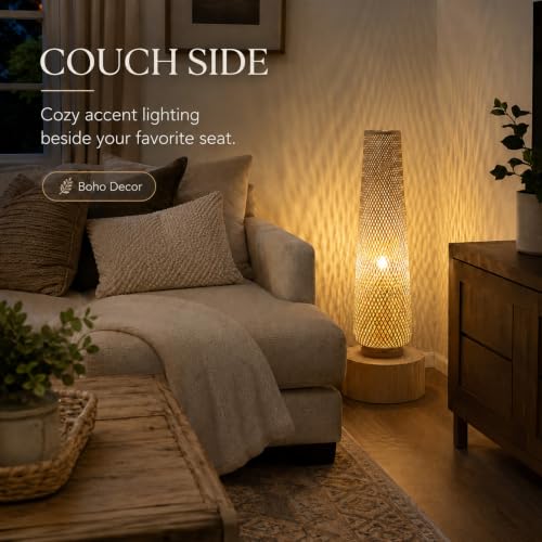 Image of Boho Style Bamboo Woven Floor Lamp for Living Room,36 in,Cozy Decor | Handcrafted Wicker Shade,Unique Shadow Pattern,No Assembly Required,3000K Warm Ambient Lighting,Suit for Bedroom Corner