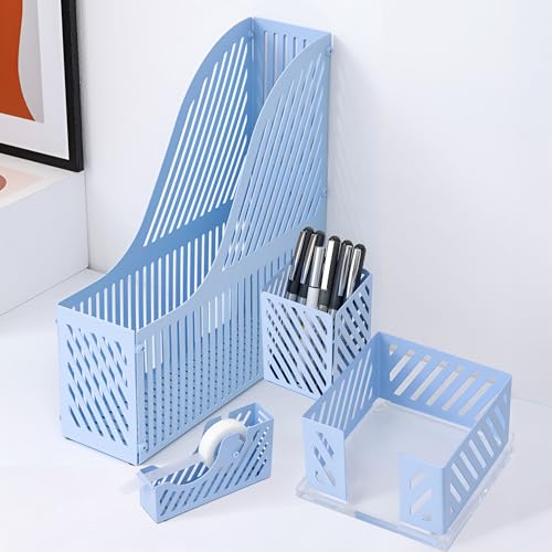 Image of oddpod Set of 4 - Metal Desk Accessories Organizer - Magazine File Holder, Sticky Note Holder, Pen & Pencil Stand, Tape Dispenser /Desktop Storage Organizer For Office, Home & School (PastelBlue)
