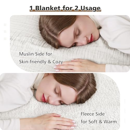 EMME White Throw Blanket Muslin and Fleece Blanket for Women Reversible - 50"*60" Soft & Cozy Warm Lightweight Small Blankets for Couch Bed Picnic Travel Bed