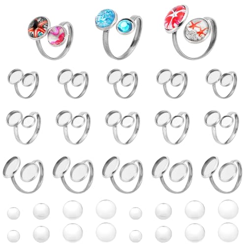 PH PandaHall 18 anillos de acero inoxidable con base de anillo de dedo en blanco, anillos de almohadilla redonda plana con 36 cabujones de cristal para hacer manualidades, suministros de fabricación