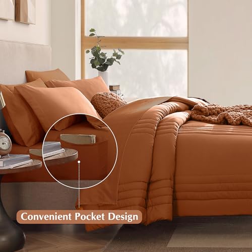 Image of Monbix Super King Plus Size Comforter Set - 7 Pieces Burnt Orange Bed in a Bag Super King Plus Bedding Sets with Comforters, All Seasons Comforter Bed Set with Sheets,Pillowcases & Shams