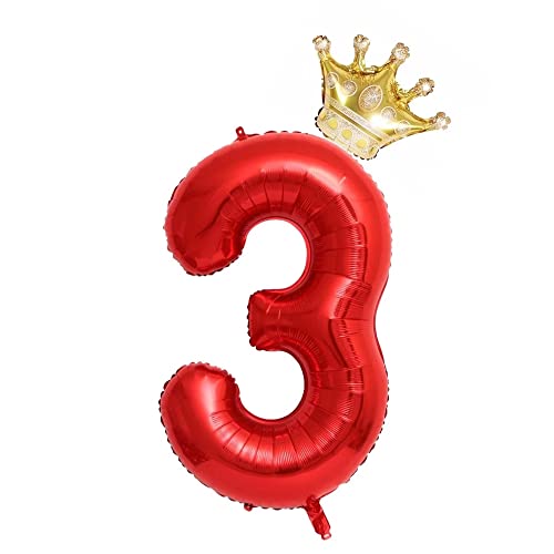 40-Inch Red Number 3 Crown Balloons Set, 3rd Birthday Balloons for Girls, 3rd Birthday Party Decorations. (Number 3)