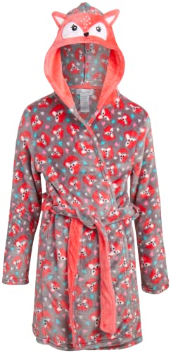 Rene Rofe Girl's Bathrobe - Fleece Critter Robe: Panda, Puppy, Unicorn, Reindeer, Leopard Cat, Fox (S-Xl), Size Small 6/6X, Heather Grey/Coral Fox #TOP9