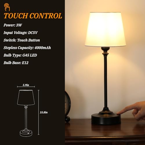 Image of Cordless Table Lamps Rechargeable Set - 2 Pack Black 4000mAH Battery Operated Lamps for Decor, 3000K Stepless Dimming Touch Control Wireless Lamps for Bedroom, Dining Table, Living Room, White Shade