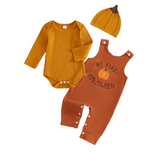 Image of BeliBacca My First Halloween Baby Boy Clothes Romper Overall Pants Hat Set (Orange, 0-3 Months)