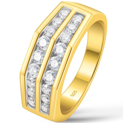 D Color VVS1 Mens Moissanite Wedding Band 925 Sterling Silver Yellow Gold Engagement Rings for Men Groom Eternity Pave Round Size 8-13