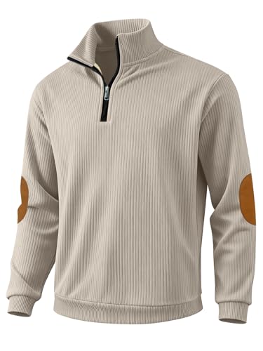 TAFLE Men's Quarter Zipper Pullover Corduroy Mock Neck Sweatshirt Spring Autumn Casual Knit Long Sleeve Polo Shirt Apricot