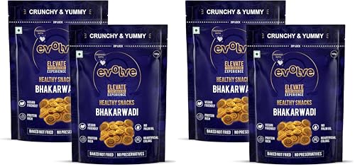 Image of Evolve Baked Bhakarwadi Healthy Snacks for Kids, Adults | Gluten Free, No Artificial Colors or Preservatives, Freshly Made, Ready to Eat, Crunchy Masala Flavor - 100g Pack of 4