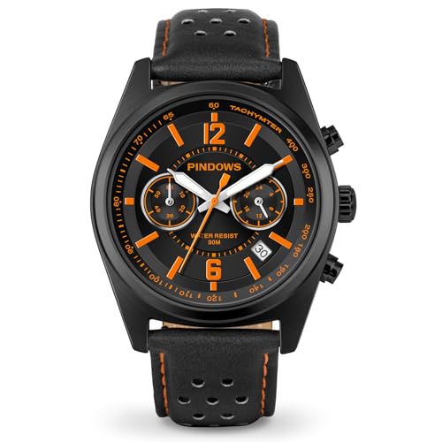 PINDOWS Armbanduhr für Herren, schwarz-braunes Leder, Chronograph, modische Quarz-Armbanduhren