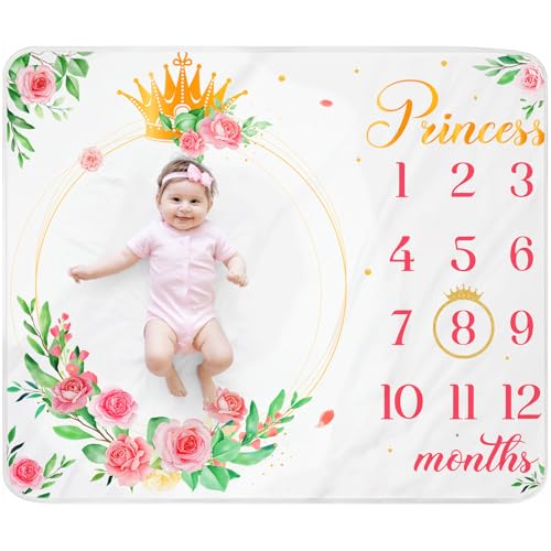 Image of LUUFILx Princess Baby Girl Monthly Milestone Blanket 50" X 40" Floral Newborn Photo Background Blanket with Wreath 1 to 12 Months Track Age and Growth Chart Flannel Milestone Blanket New Baby Gifts