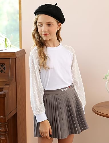 Yekaty Girls Shirts Casual Solid Color Crewneck Blouses Soft Long Sleeve Swiss Dots Chiffon Tops2