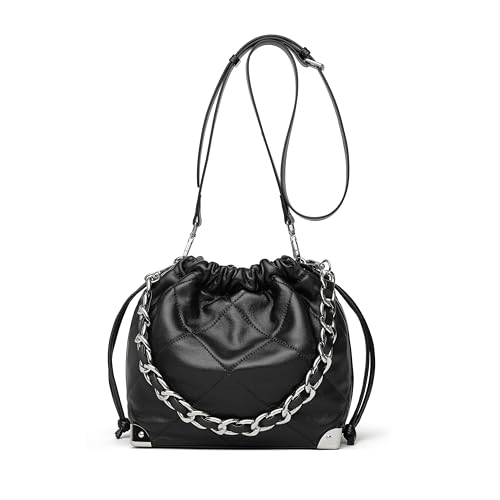 DORIS&JACKY Drawstring Bucket Shoulder Bag for Women Quilted Hobo Purse With 2 Removable Straps And 4 Metal Corner Protector