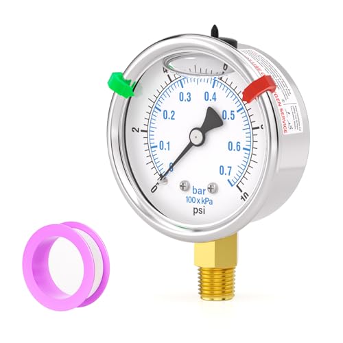 Image of 0-10PSI Stainless Steel Liquid Filled Pressure Gauge, 2.5 inch Dial Size, 1 /4 inch NPT Lower Mount, for Tube, Water Pump, Gas, Liquid, Pressure Test (with Range Mark Pointer)