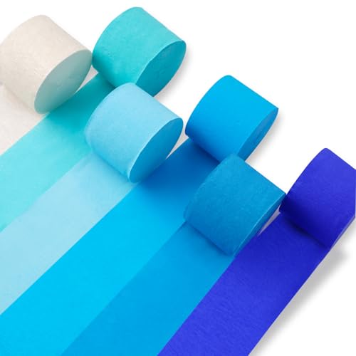 Image of PartyWoo Blue and White Crepe Paper Streamers 6pcs 492ft Pack of Light Sky Blue Green Pearl White Crepe Paper Streamers for Birthday Gender Reveal Baby Shower Pool Under The Sea Party Decorations