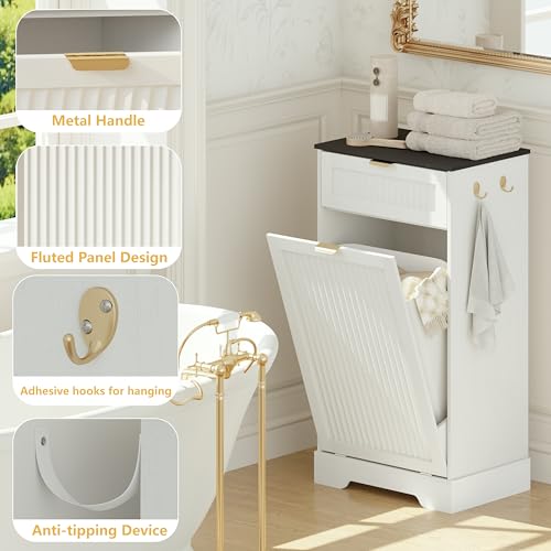Image of Single 13 Gallon Tilt Out Trash Can Cabinet,Garbage Cabinet with Drawer | Hidden Garbage Storage with Fluted Design, Drawer & Hooks for Kitchen, Dining Room and Small Space Organization,White