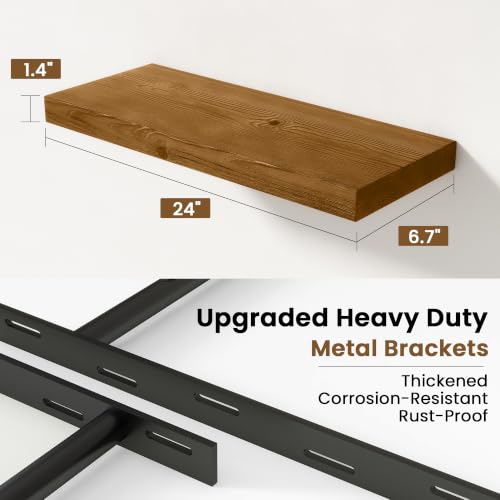 Image of Solid Wood Floating Shelves for Wall 24 inch,Walnut Wooden Shelf Set of 2 | Rustic Wood Wall Floating Shelf with Invisible Brackets,Floating Wooden Shelves for Living Room,Bathroom,Bedroom,Kitchen
