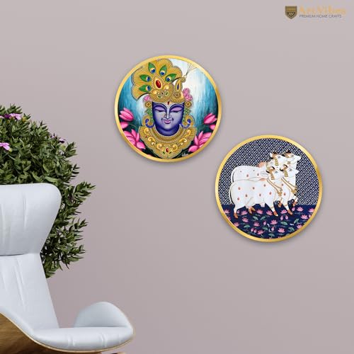 Artvibes Pichwai Round Shape Wooden Wall Hanging Decor | Decorative Hanging Items for Living Room | Gifts | Modern Wall Decoration Artworks for Home | Door Hanging Designer Painting Art Item (WH_8807)