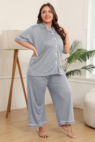 Image of Vozanet Women's Plus Size Pajamas Button Down Shirt and Pants Soft Lounge Sets Bride Nighty Bottom with Pockets 1x to 5x