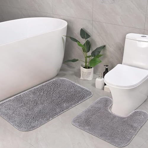 Image of Pano microfiber Anti Slip Bathmat Set with Contour, Soft & Super Absorbent Mats for Shower, Washable, Non-Slip & Quick-Drying Mats for Home, Kitchen, Office, Pack of 2 (Cool Grey, 50X75 Cm & 50X50 Cm)