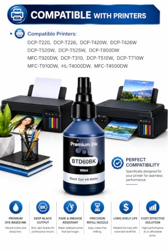 Image of ROHINK Premium Dye Ink Bottles for Brother Printers, T220, T300, T310, T420, T500, T520, T820, T920, T510, T910, T710, T4500W, T800W, T710W, BTD 60 Black, 100ml, Pack of 1
