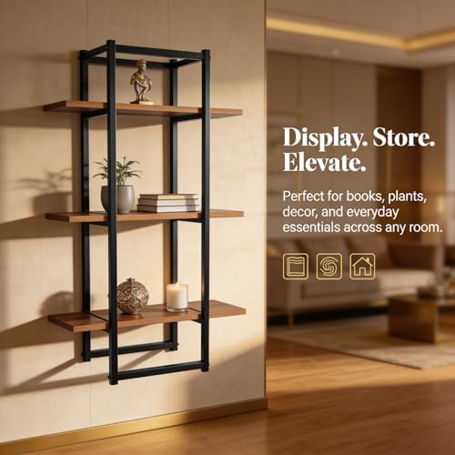 Image of Mighty Home Floating Wall Shelf with Black Metal Frame, Wooden Wall-Mounted Shelves for Books, Plants & Decor, DIY Organizer for Home & Office, Brown, 3-Tier