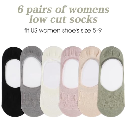 6 Pairs Womens Thin No Show Socks Low Cut No Show Flat Socks Breathable Cotton Flat Sock for Women Non Slip Causal Sock for Daily Wear Sport (Size 5-9)2