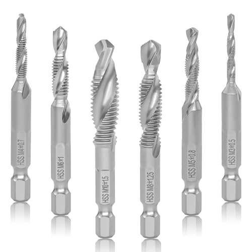 MISIQIMA 6 Pièces Forets Taraudeurs Combinés M3 M4 M5 M6 M8 M10, Tarauds à Queue Hexagonale, en Acier Rapide Meche Taraudage pour le Perçage et le Taraudage