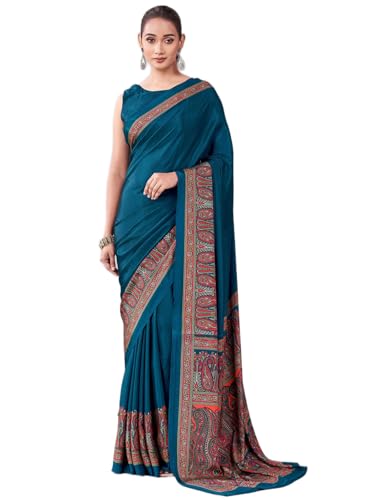 Image of Satrani Women's Crepe Printed Saree with Unstitched Blouse Piece