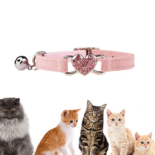 TRIWORIAE-Collar para Gato con Campana de Terciopelo Suave y Seguro, Ajustable, con corazón de Cristal Diamante de imitación, de 20 a 28 cm Rosa Cover