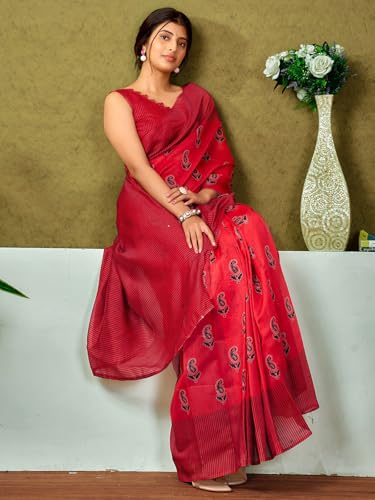 Image of Satrani Women's Chanderi Cotton Printed Ready To Wear One Minute Pre Pleated Readymade Saree with Unstitched Blouse Piece