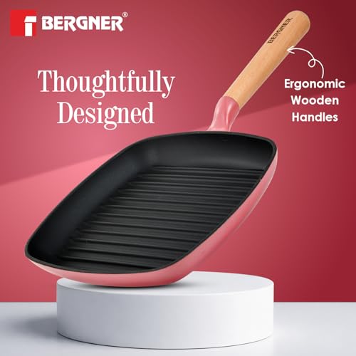 Image of BERGNER Excalibur Lightweight Cast Iron Square Grill Pan 24cm, Sturdy Wooden Handle, Non-Stick Coating, PFAS Free, Perfect Heat Distribution, Elegant Design - Induction Compatible (Pink)
