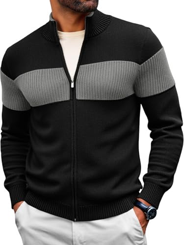 Runcati Mens Full Zip Cardigan Sweater Casual Knit Stand Collar Cardigan Slim Fit Color Block Fall Winter Sweaters
