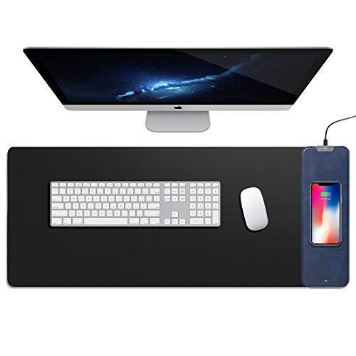 Leather Desk Pad Mat with Wireless Charging, Gaming Mouse Pad with Wireless Charger, Desktop Mat Pad, Large Mouse Desk Pad, Extended Mouse Pad Mat - Blue Wireless Charging Pad