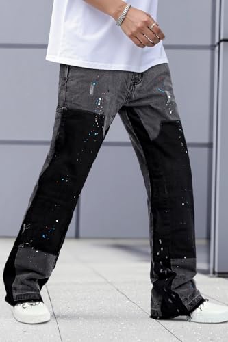 GINGTTO Mens Flared Jeans Streetwear Stretch Slim Fit Carpenter Denim Pants for Men Contrast Painted Design Grey 323