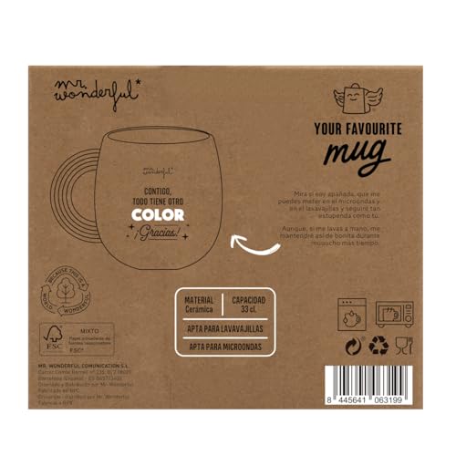 Mr. Wonderful - Taza 3D Arcoíris - Contigo, todo tiene otro color. ¡Gracias! - Taza realizada en cerámica con mensaje de agradecimiento - 330 ml