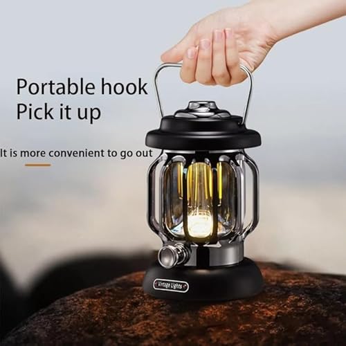 Image of JB'S LAND New Retro Camping Lantern, Rechargeable LED Vintage Camping Lamp, Waterproof Battery Powered Camping Lighting, Portable Dimmable Outdoor Hanging Tent Lamp Brand (Black)