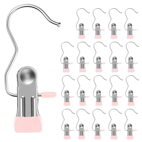 20 Pcs Stainless Steel Pants Hangers with Clips, Legging Organizer for Closet, Hanging Clips, 360° Rotating Hanger Clips for Hanging Jeans Skirt Shorts Hats, Hanger Closet Organizers (Pink)