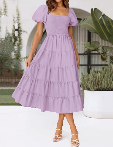 Image of ZESICA Women's 2026 Summer Puff Sleeve Midi Dress 2026 Boho Solid High Waist Flowy Beach Wedding Guest Long Dresses