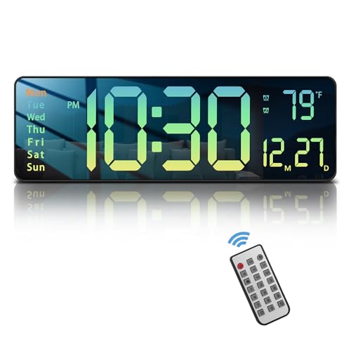 Image of Modern 16 inch Large Digital Wall Clock with Remote Control, LED Display, Auto-Dimming, Countdown, Temperature, Calendar - 12 /24Hr Format - Silent Wall Clock for Home, Office (Gradient Green)