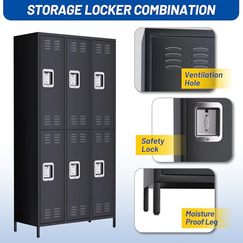 GarveeHome 6 Doors Metal Office Storage Cabinet, Metal Lockers for Employees with 12 Hooks and 6 Shelves, 72 Inch Tall Steel Storage Cabinet Locker for Home, Office, Gym, School, Black