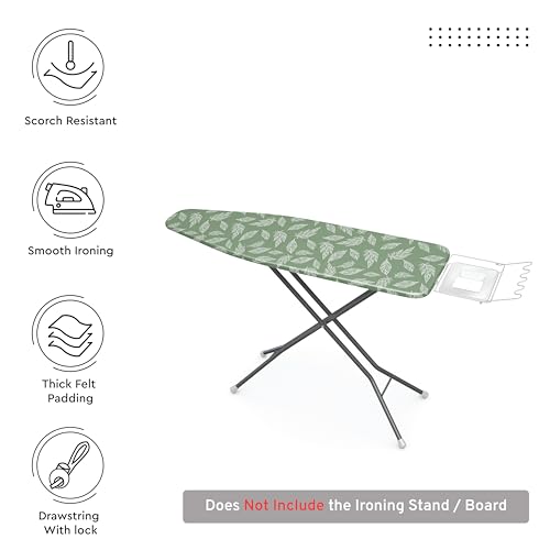 Image of Encasa XO Ironing Board Cover with 3mm Thick Felt Pad for Steam Press (Fits Standard X-Large Boards of 135x45 cm) Heat Reflective, Scorch & Stain Resistant, Printed - Big Leaves Green