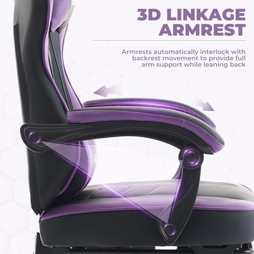 Gaming Chair, Ergonomic Computer Chair with Footrest and Massage Lumbar Support, Office Video Game Chairs with Adjustable Height and Backrest, Black Purple image 6