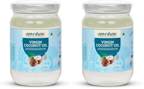 Image of Anveshan Cold Pressed Virgin Coconut Oil 250ML | Glass Jar | Unrefined Cold Pressed Virgin Coconut Oil, Naturally Cholesterol Free, Kolhu /Kacchi Ghani /Mara Chekku /Ganuga, Rich Aroma & Flavour of Real Coconuts, A1 Grade Coconuts