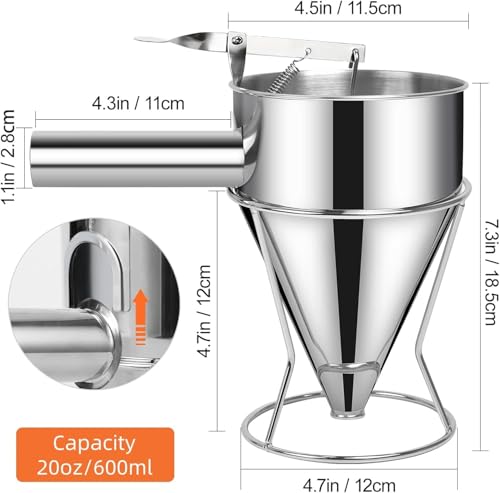 Image of Stainless Steel Pancake Batter Dispenser, Funnel Dispenser with Stand for Takoyaki and Baking and Chocolate Balls and Baked Goods (600 ml) (Silver) (1 pcs)