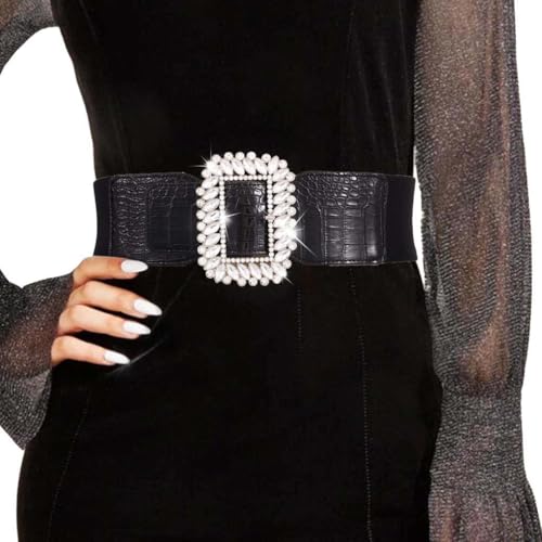 Yalice Rhinestone Dress Belt Black Wide Elastic Waist Belts for Women Sparkle Thick Stretchy Belts