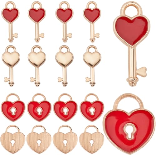 SUNNYCLUE 1 BOX 60Pcs Valentines Day Heart Charm Bulk Lock Charms Love Alloy Key Wedding Small Enamel Gold Red Lucky Mini Anniversary Charms for jewellery Making Charms Bracelet Crafting Beginner Adul