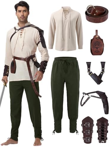 Dicxoser Renaissance Medieval Costume for Men - Pirate Costume 8 Pcs Set, Halloween Adult Cosplay Outfit with Viking Belt Accessories (White-Green, L)