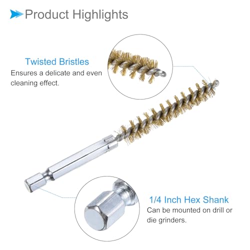 Image of Bore Brush, 9mm Dia 4 Inch Length, Brass Cleaning Wire Brushes with 1 /4 Inch Hex Shank - (Applications: for Power Drill, Die Grinder), 5-Pieces